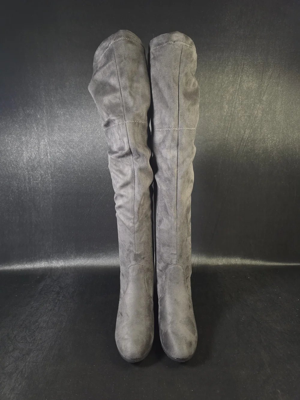 Womens Gray Over The Knee Boots Size 8.5 Block Heel Tie Back Stretch Thigh High